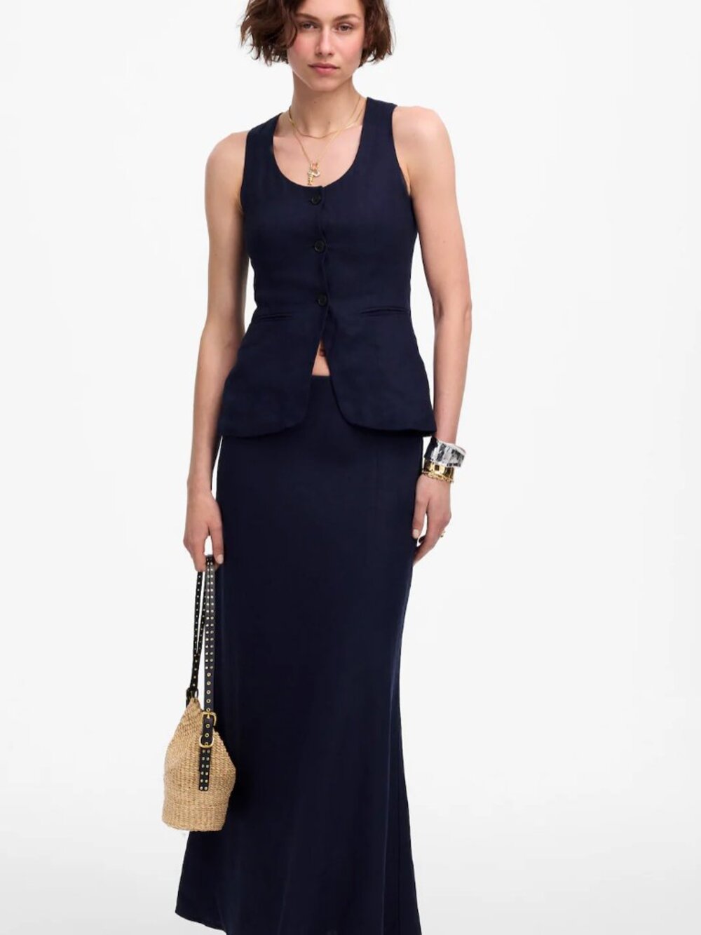 Navy Maxi Slip Skirt in Linen